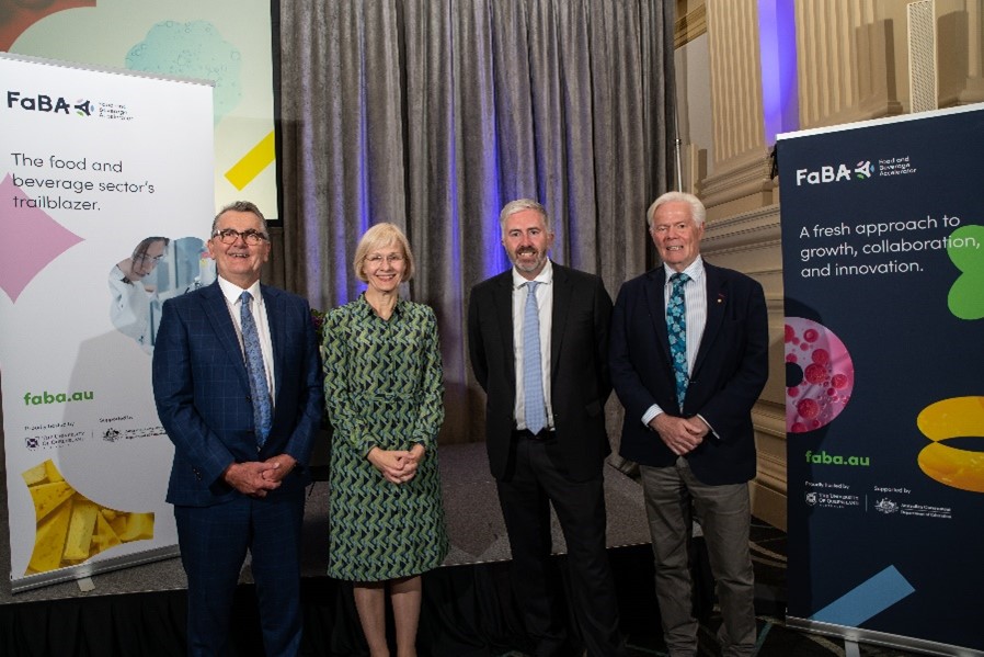 Photo L-R: Dr Chris Downs – Director Food and Beverage Accelerator (FaBA); Professor Deborah Terry AO - Vice Chancellor and President, University of Queensland, Senator Chisholm, and Dr Peter Riddles AM - Chair, FaBA Board.