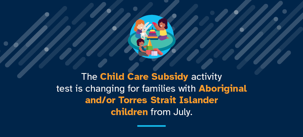 Banner with three illustrated children playing together. Includes the words: The Child Care Subsidy activity test is changing for families with Aboriginal and/or Torres Strait Islander children from July.