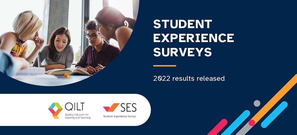 Banner for the 2022 results released of the Student Experience Surveys, with four young adults sitting down at a table and reading a book together.
