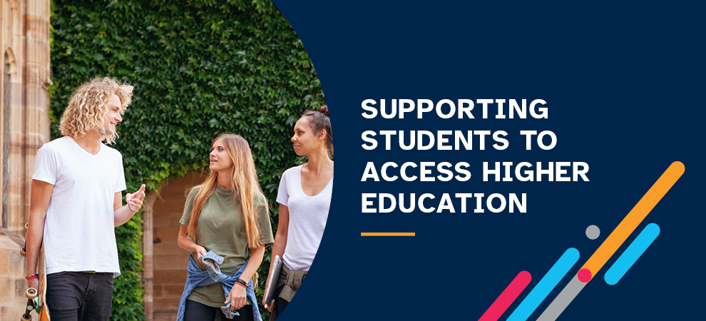 One male and two female students outside having a discussion with the title Supporting students to access higher education