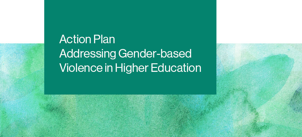 The Action Plan Addressing Gender-based Violence in Higher Education banner, with a decorative, emerald-coloured background.