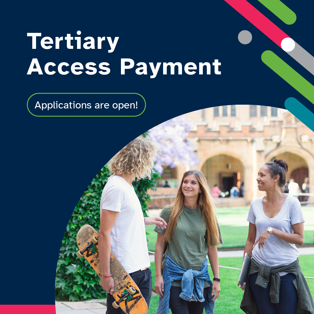 Tertiary Access Payment media tile showing one male and two female students talking in a university quadrangle