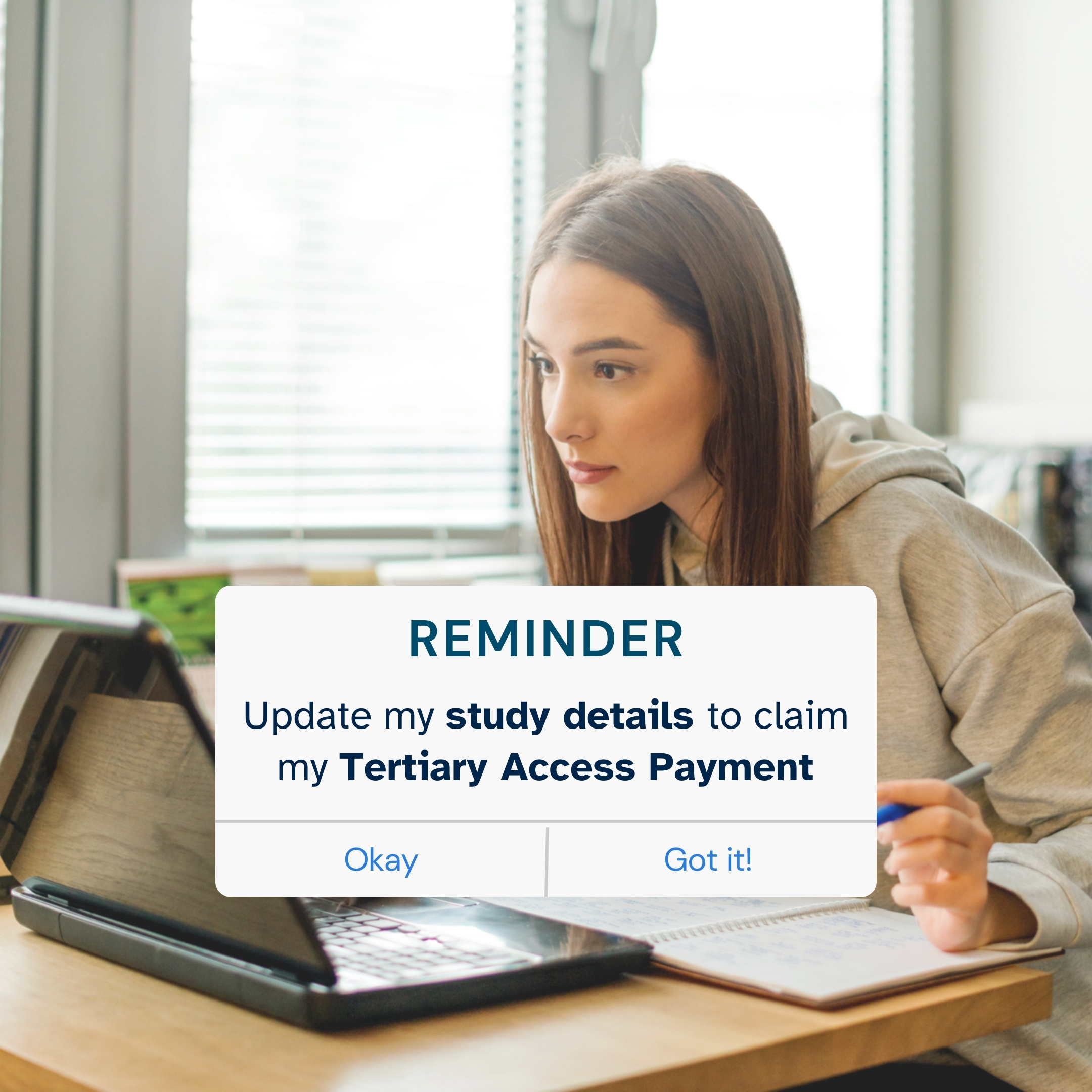 TAP Social media tile 2 with a photo of a girl sitting at a desk with the 