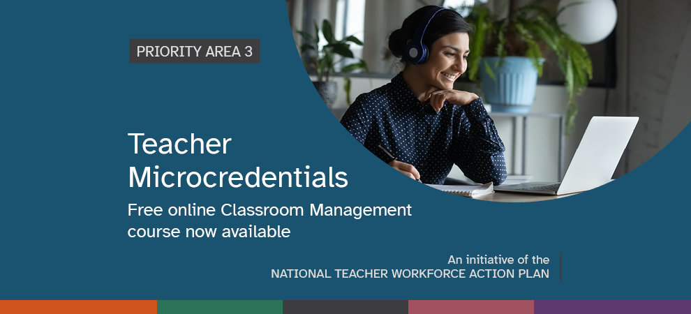 Teacher microcredentials newsroom banner with an image of a woman seated a desk with a laptop and headphones on smiling.