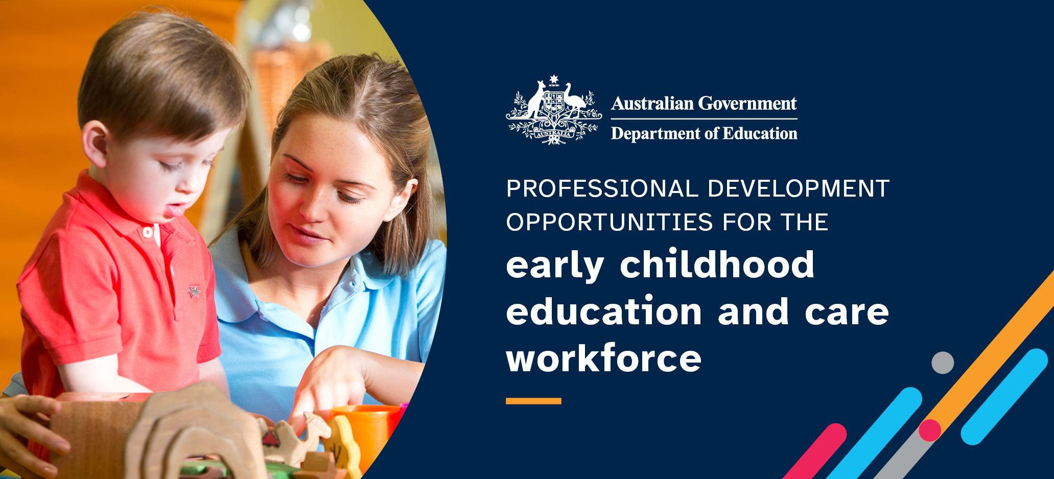 Workforce Measures Design Kit - Early childhood and education and care workforce - image with a young woman wearing a blue collared shirt with a young boy wearing a red collared shirt playing and learning with blocks and toys.