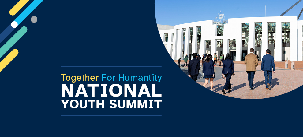 Together for Humanity - National Youth Summit Newsroom Banner with an image of five people walking towards the Australian Parliament house, Canberra.