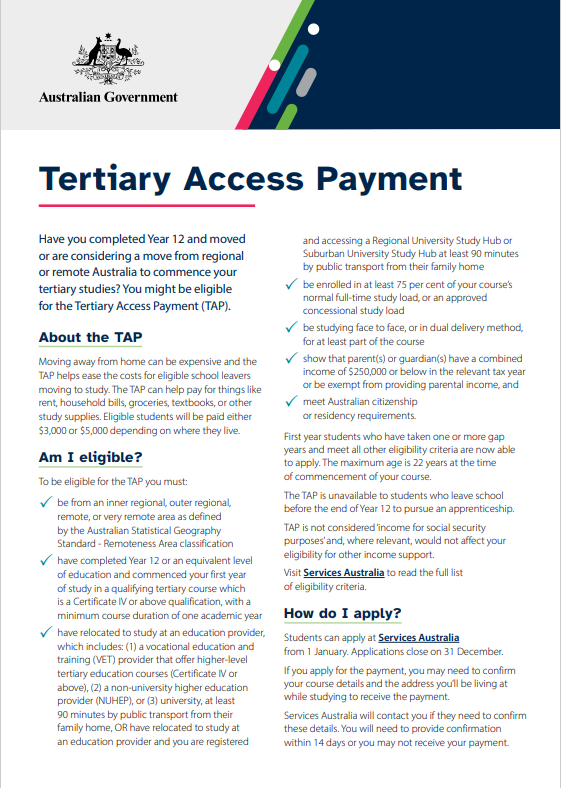 Cover thumbnail image of the Tertiary Access Payment flyer