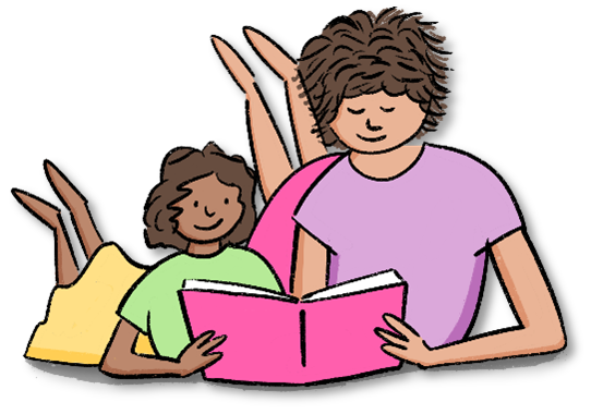 Cartoon of an adult and a child sitting on the floor reading a book.