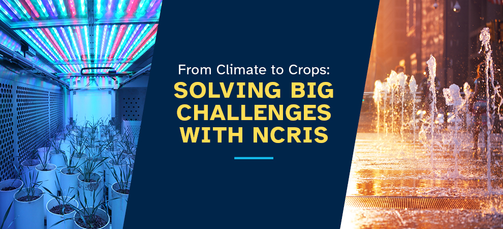 Banner image with plants and water on either side of text "From Climate to Crops: Solving Big Challenges with NCRIS