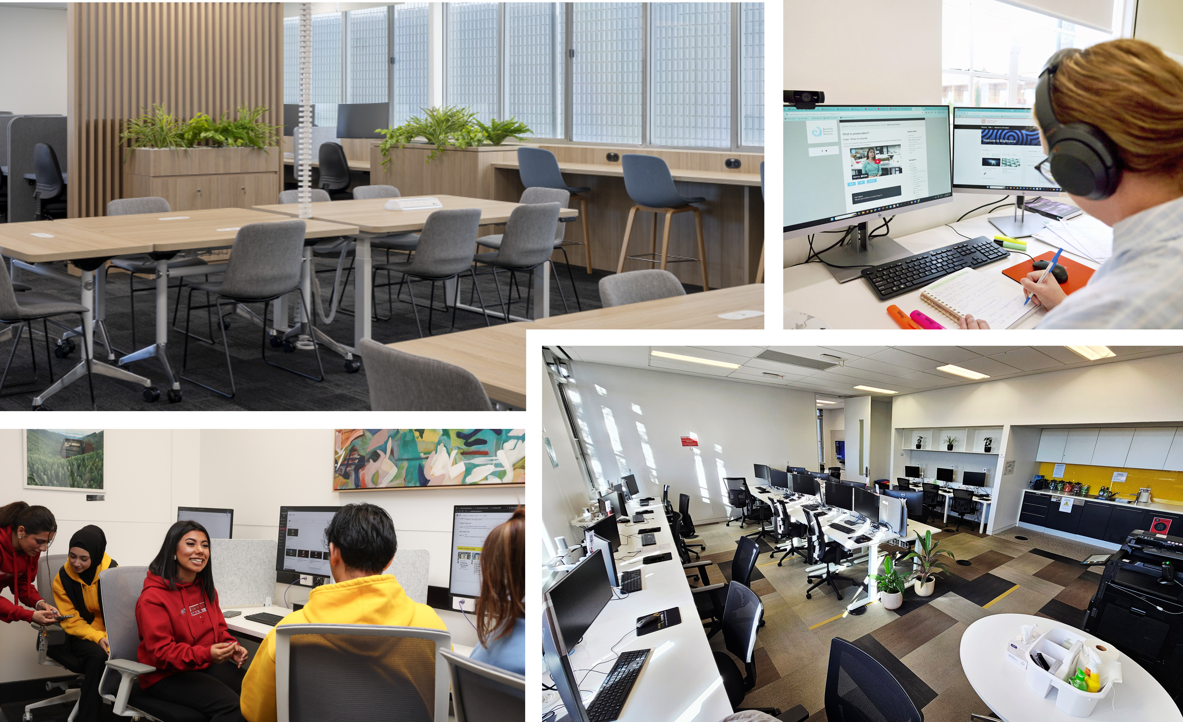 Collage showing university students using the modern Study Hub facilities, such as shared and individual workspaces, dual monitor workstations, kitchenette and printers.