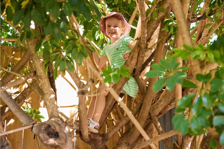 happy child sitting in a tree