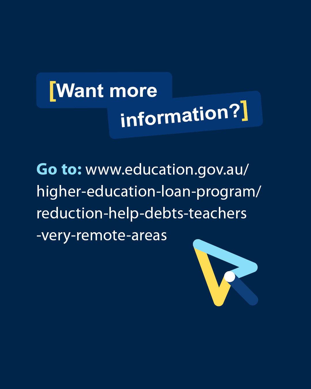 Want more information? got to: www.education.gov.au/higher-education-loan-program/reduction-help-debts-teachers-very-remote-areas
