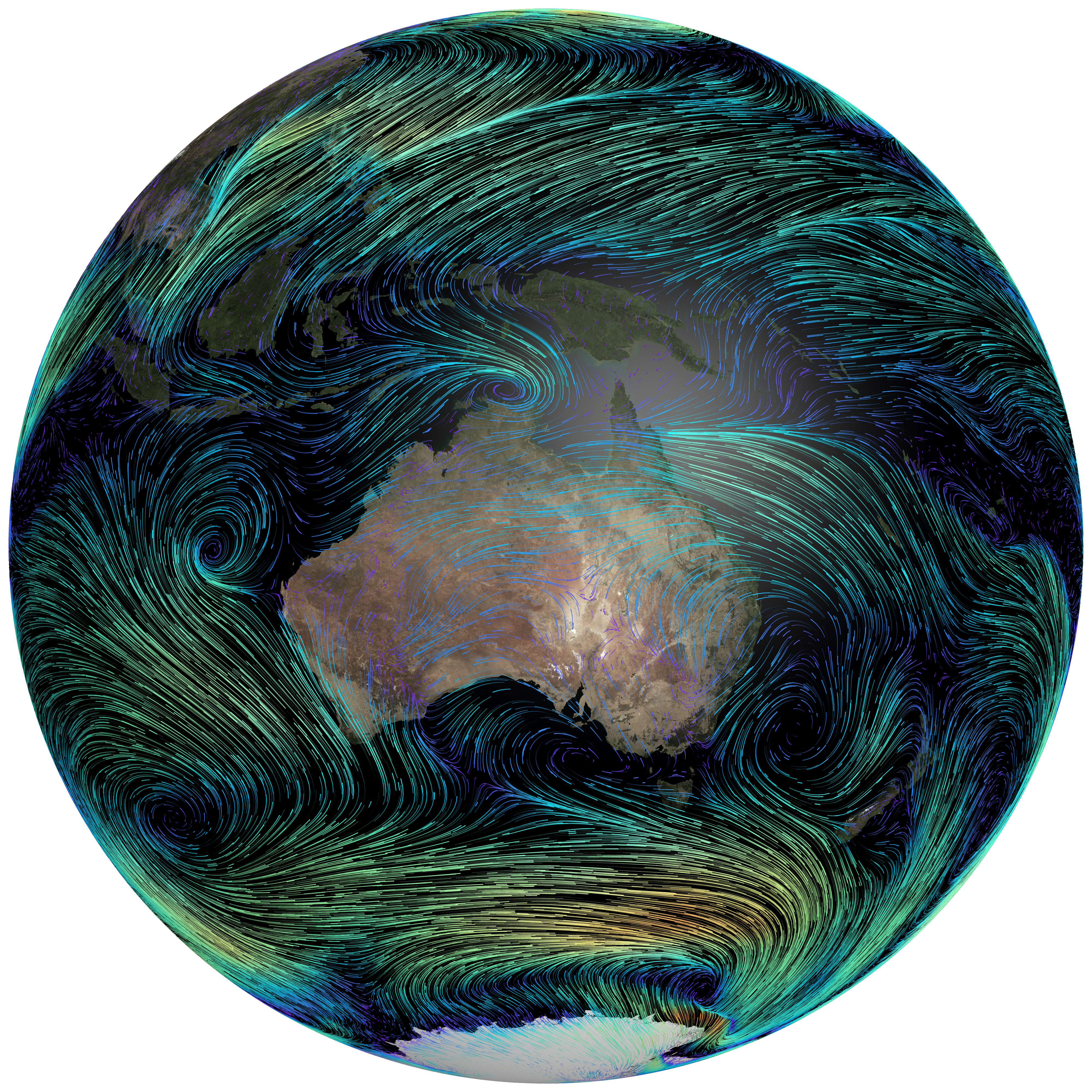 Visualisation of wind patterns around Australia generated using ACCESS-ESM1.6 data. 
