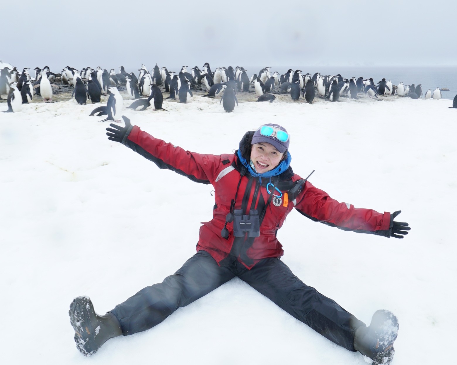 Dr Chen Zhao on the Antarctic Peninsula, with a chinstrap penguin colony in the background.