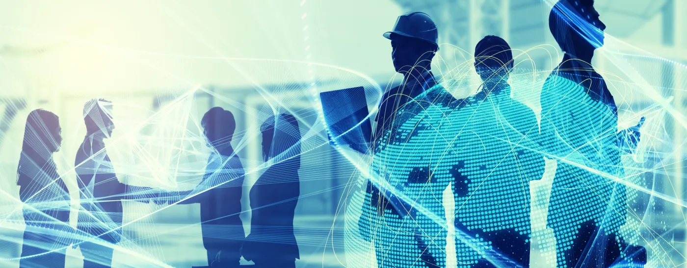 Image of people silhouettes and data visualisations.