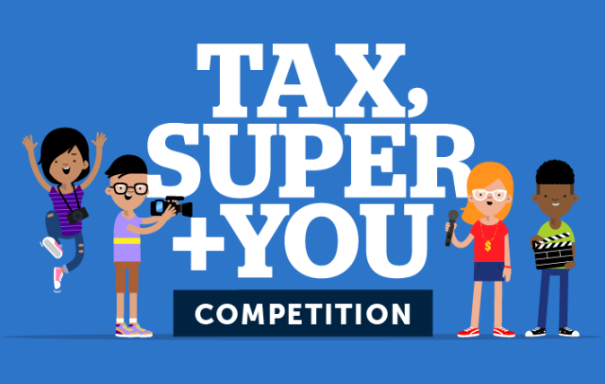 Four high school students represented in a cartoon, a blue background and the words: 'Tax, super and you competition'