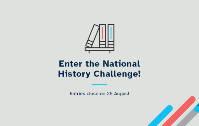 Illustration of 3 books on a shelf with the words: Enter the National History Challenge! – Entries close on 25 August.
