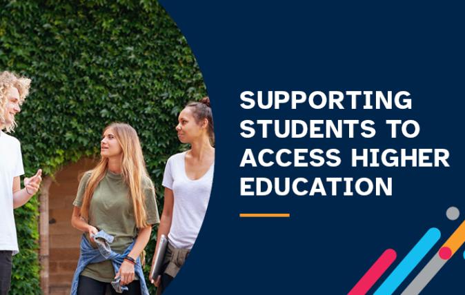 One male and two female students outside having a discussion with the title Supporting students to access higher education
