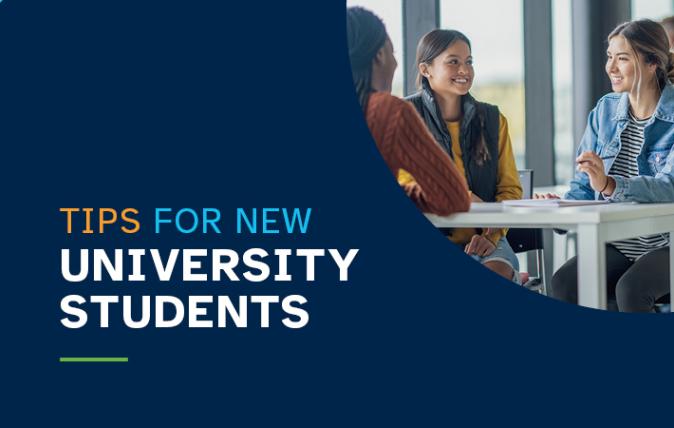 Dark blue banner with university students sitting around a white table having a discussion.  