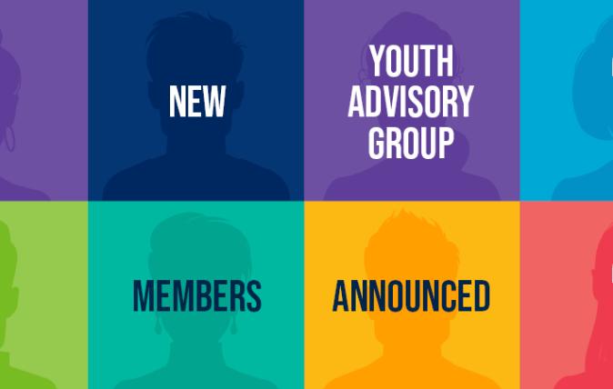 New Youth Advisory Group Members announced. In the background, there are six coloured tiles with the silhouettes of people.
