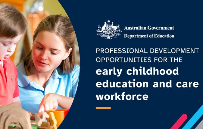 Workforce Measures Design Kit - Early childhood and education and care workforce - image with a young woman wearing a blue collared shirt with a young boy wearing a red collared shirt playing and learning with blocks and toys.
