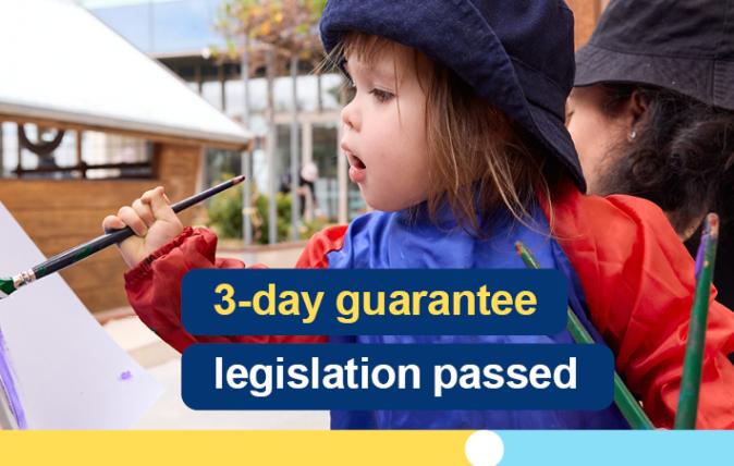 Image of a child wearing a hat and painting a picture. 3 day guarantee legislation passed.