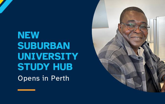 Image of a man wearing glasses sitting at a computer desk, looking towards camera and smiling with the text "New Suburban University Study Hub opens in Perth"