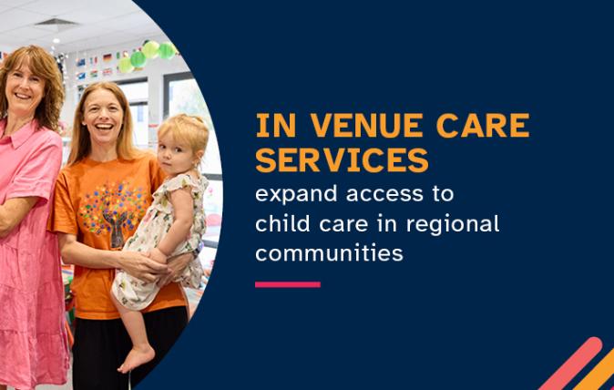 Text reading In Venus Care Services expand access to child care in regional communities. Left portion of banner has two people holding children