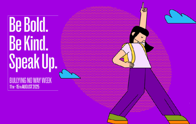 Image of student in powerful pose with the slogan "Be Bold. Be Kind. Speak Up." For Bullying No Way Week on August 11th-15th.