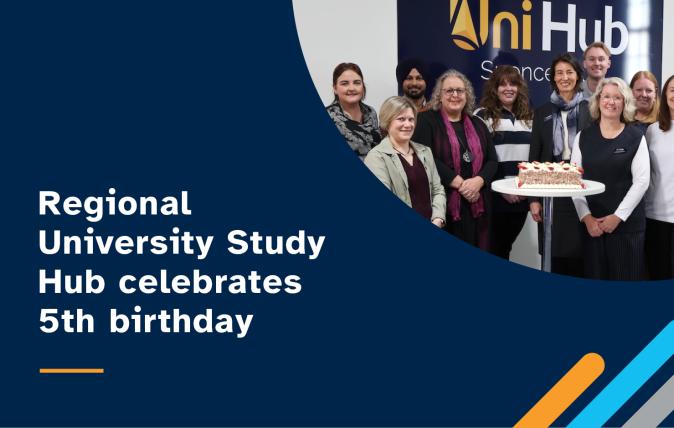 12 people standing around a table and cake with the text Regional University Study Hub Celebrates 5th Birthday