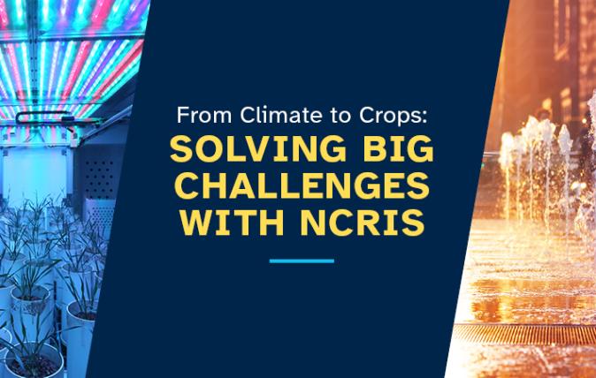 Banner image with plants and water on either side of text "From Climate to Crops: Solving Big Challenges with NCRIS