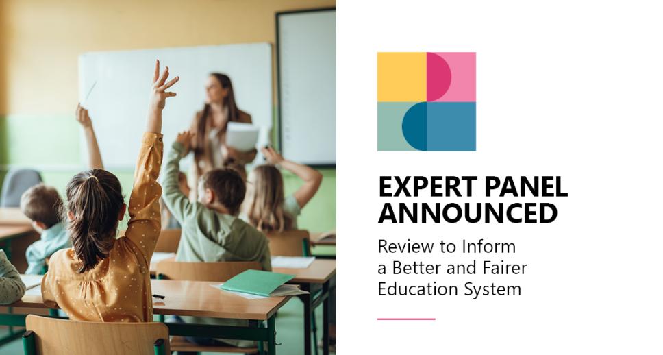 Image of a classroom and student with hand raised and a logo