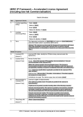 HERC IP Framework - Accelerated Licence Agreement (incl low risk Commercialisation).pdf