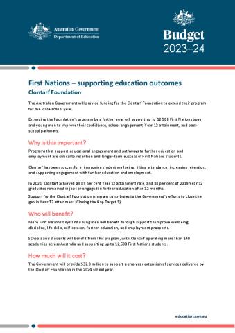 Budget 23-24 Factsheet - First Nations - Supporting education outcomes Clontarf.pdf
