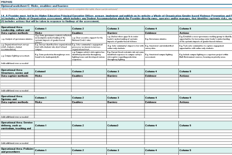 screenshot of Optional Preparation Worksheets: Whole-of-Organisation Gender-based Violence Prevention and Response Plan and Outcomes Framework Excel sheet