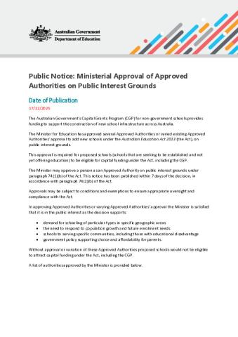 Public Notice - Ministerial Approval of Approved Authorities on Public Interest Grounds - December 2025.pdf