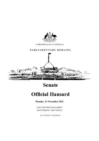 Attachment C Senate Hansard 21 November 2022 (005) (encl. to letter).pdf