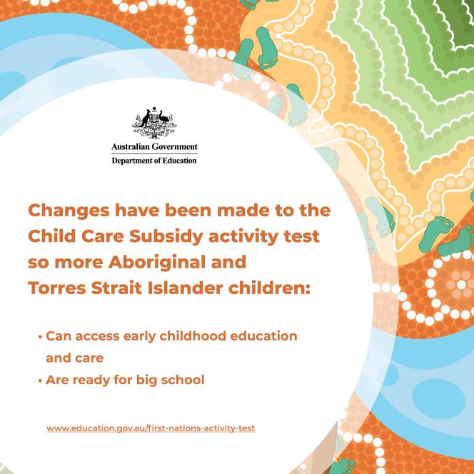Australian Government Department of Education logo with Australian First Nations artwork. Changes have been made to the Child Care Srubsidy activity test so more Aboriginal and Torres Strait Islander children: can access early childhood education and care; and are ready for big school. For more information, visit www.education.gov.au/first-nations-activity-test