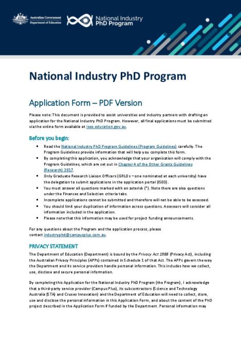 PDF version of National Industry PhD Program Application Form - Industry Linked.pdf