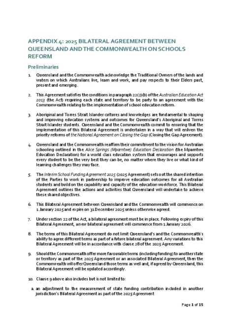 Queensland Bilateral Agreement (Interim School Funding Agreement 2025 ...