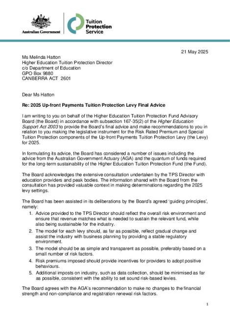 Final Board Advice to TPS Director on 2025 Up-front Payments Levy Settings.pdf