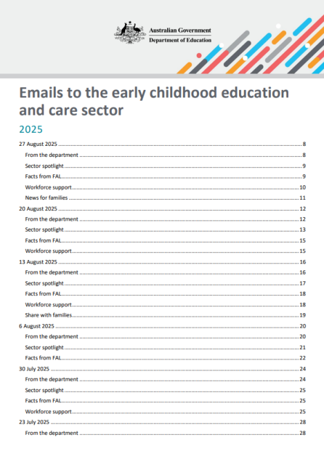 Screenshot of "Emails to the early childhood education and care sector" newsletter document