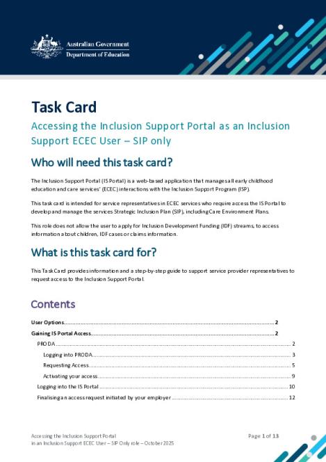 Task Card - Accessing the Inclusion Support Portal as an Inclusion Support ECEC User SIP Only October 2025.pdf
