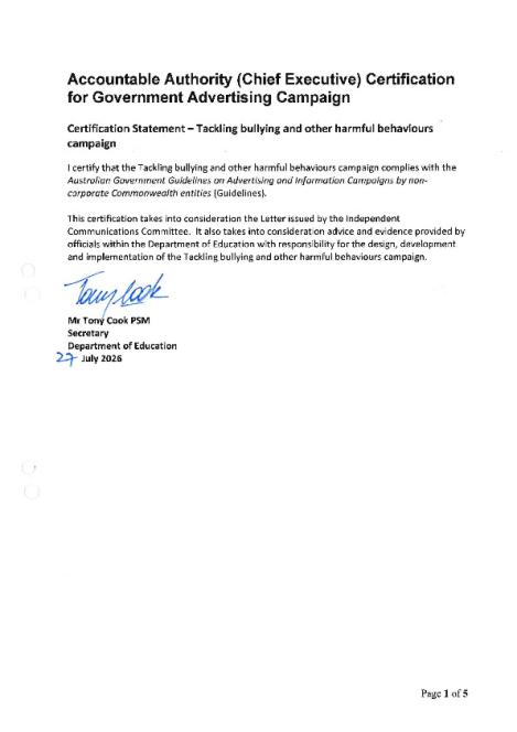 Chief Executive Certification for Government Advertising Campaign - Certification Statement - Tackling Bullying Campaign.pdf