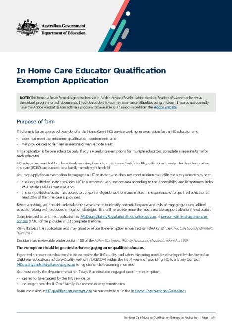 In Home Care Educator Qualification Exemption Application form.pdf