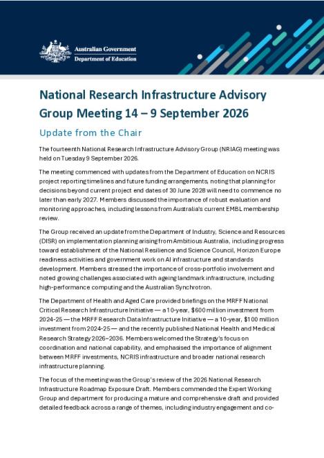 National Research Infrastructure Advisory Group - Chair Update - 9 September 2026.pdf