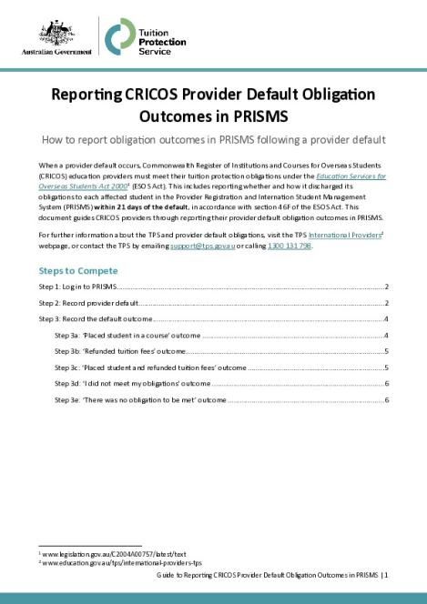 Guide to Reporting CRICOS Provider Default Obligation Outcomes in PRISMS.pdf